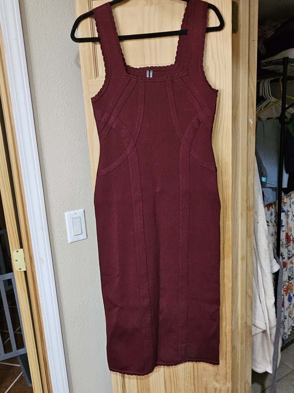 Bordeaux Los Angeles Burgundy Knit Midi Dress Square Neck